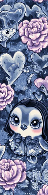 Free kawaii bookmark featuring a penguin with blue hearts